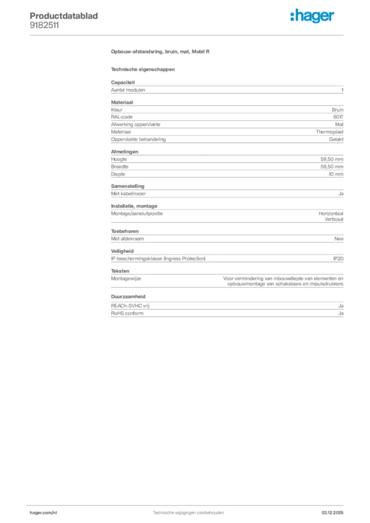 Afbeelding Hager Productdatablad 9182511 | Hager Nederland