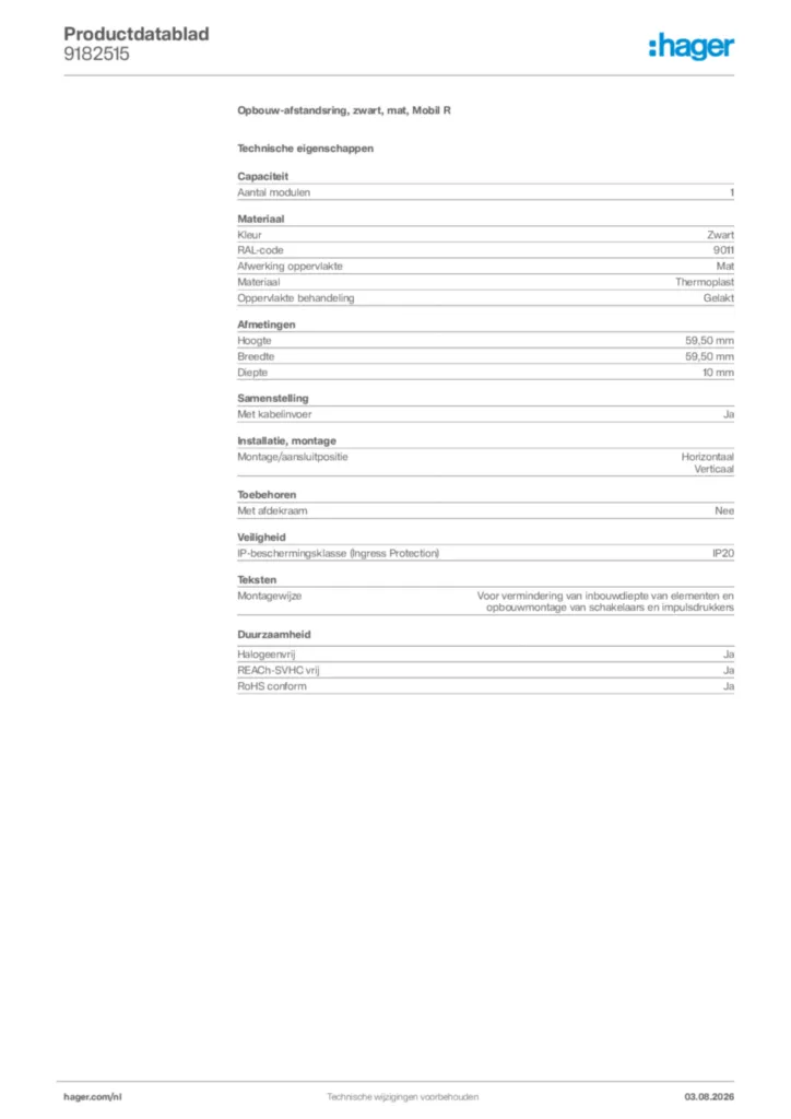 Afbeelding Hager Productdatablad 9182515 | Hager Nederland