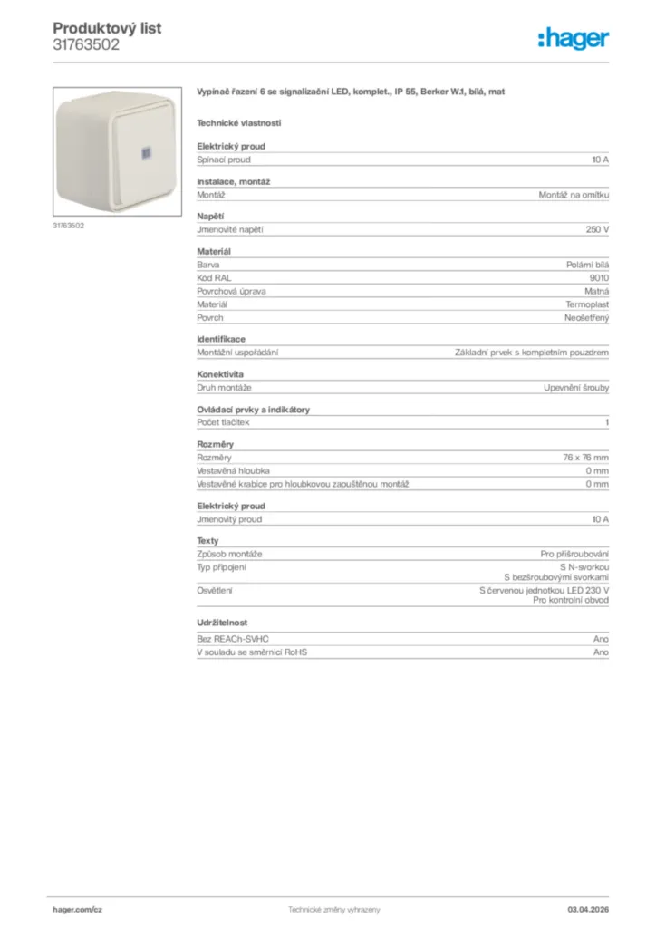 Obrázek Hager Product data sheet 31763502 | Hager