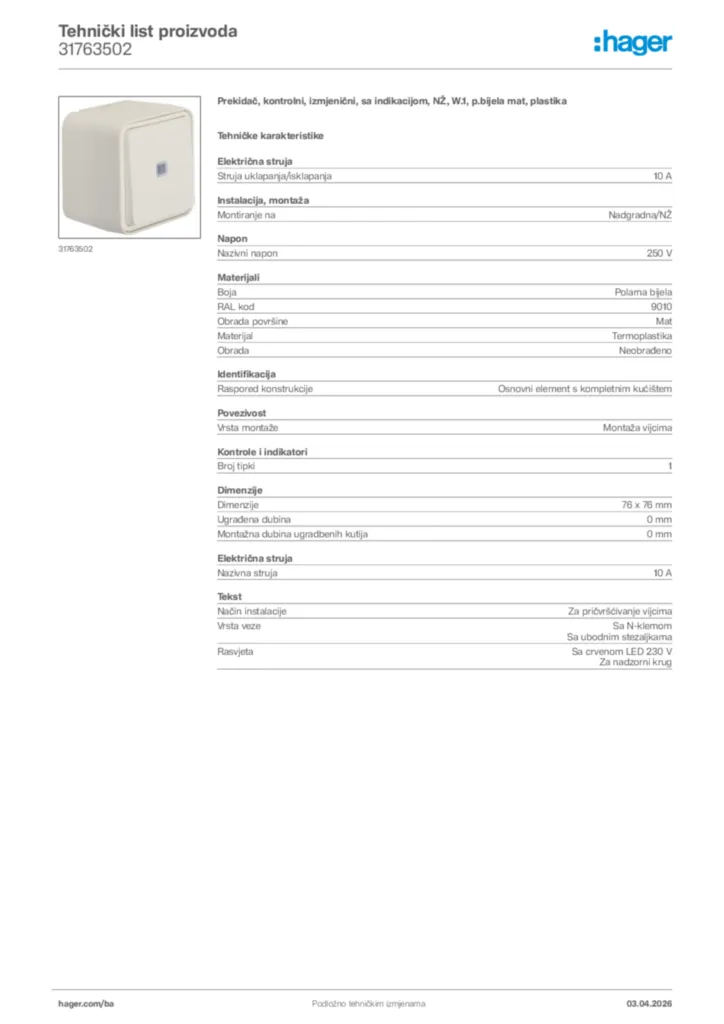 Slika Hager Tehnički list proizvoda 31763502  | Hager