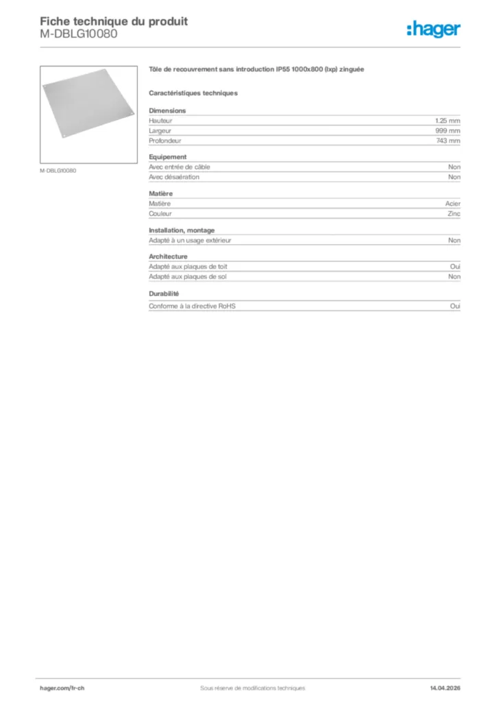 Image Hager Fiche technique du produit M-DBLG10080 | Hager Suisse