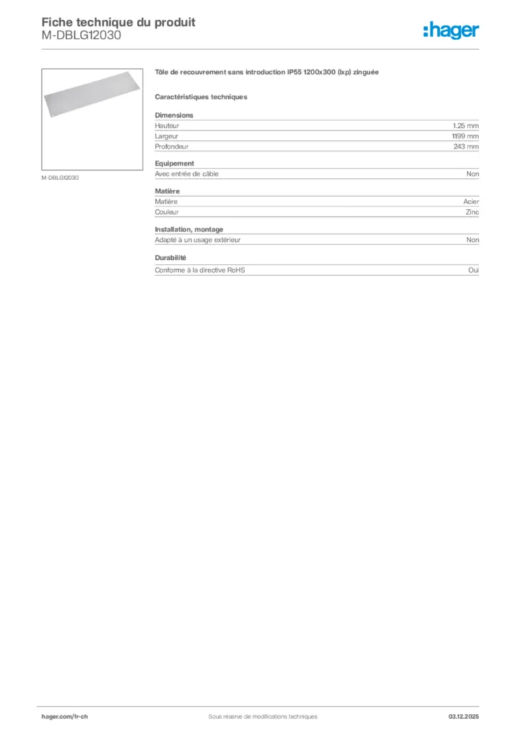 Image Hager Fiche technique du produit M-DBLG12030 | Hager Suisse