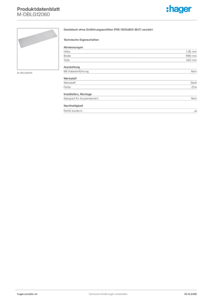 Bild Hager Produktdatenblatt M-DBLG12060 | Hager Schweiz