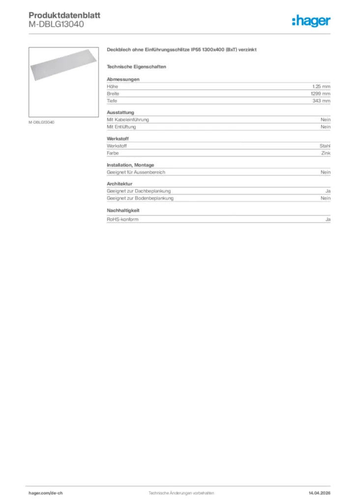Bild Hager Produktdatenblatt M-DBLG13040 | Hager Schweiz