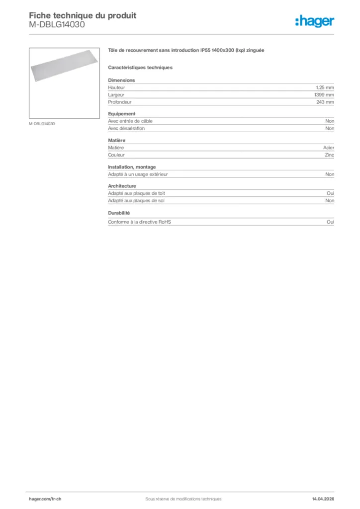 Image Hager Fiche technique du produit M-DBLG14030 | Hager Suisse
