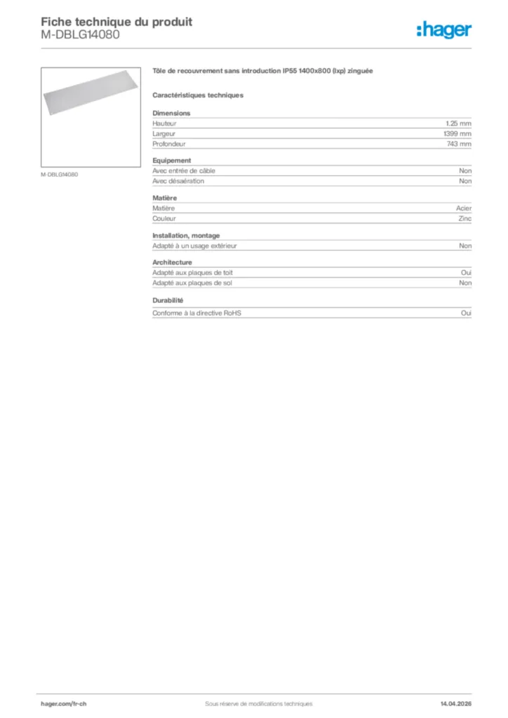 Image Hager Fiche technique du produit M-DBLG14080 | Hager Suisse