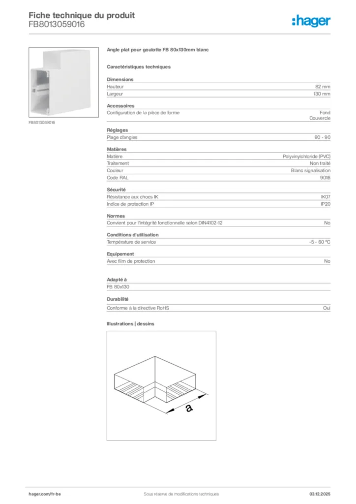 Image Hager Fiche technique du produit FB8013059016 | Hager Belgique