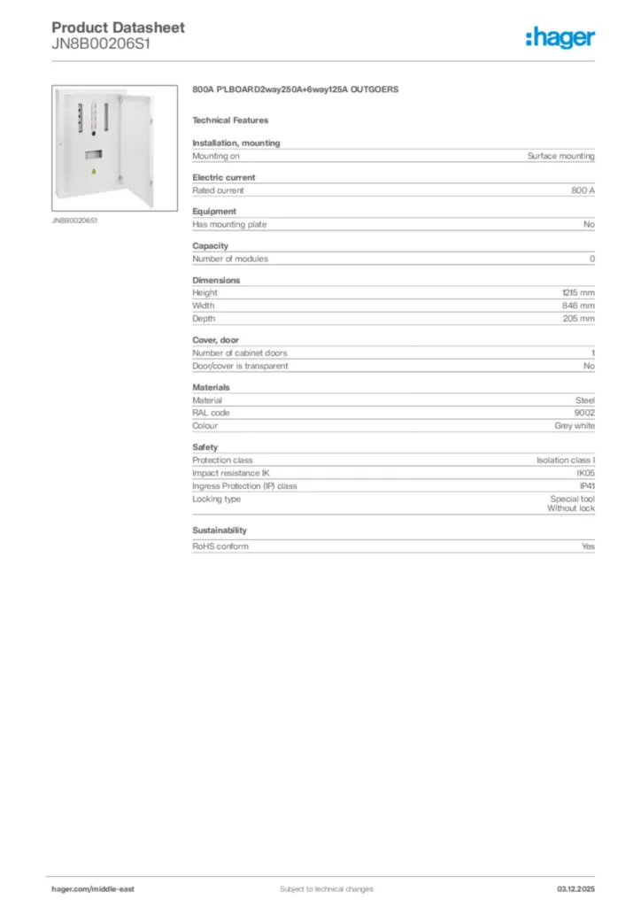 Image Hager Product data sheet JN8B00206S1  | Hager