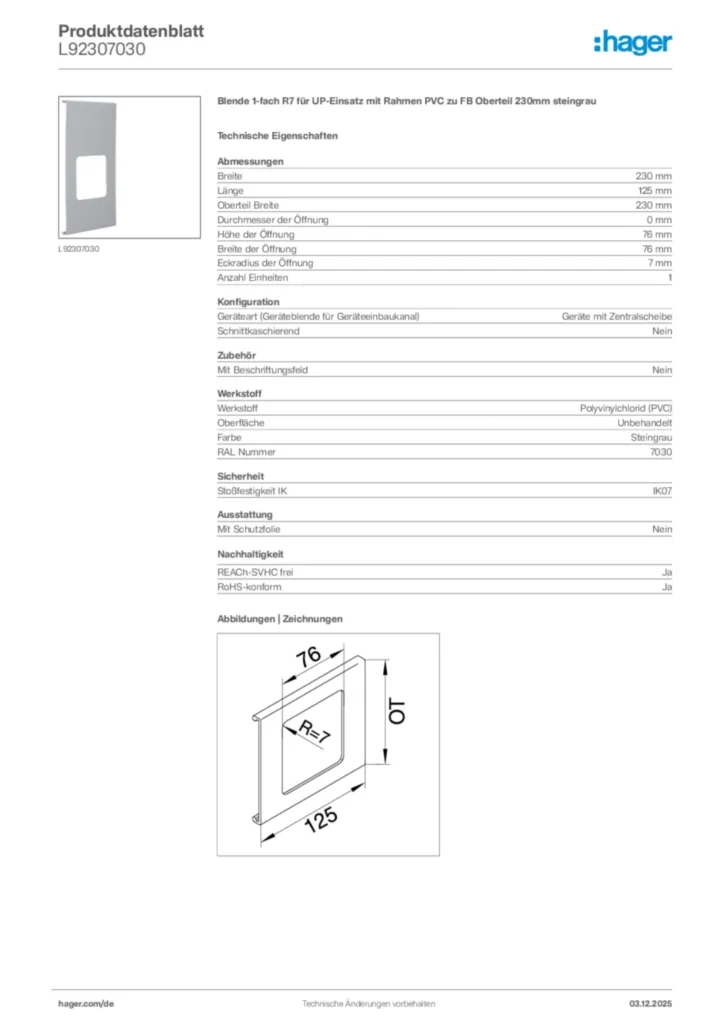 Hager Produktdatenblatt L92307030