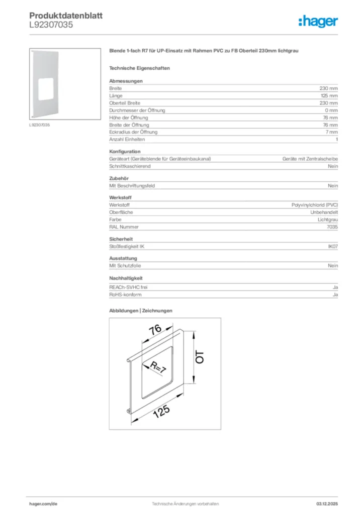 Hager Produktdatenblatt L92307035