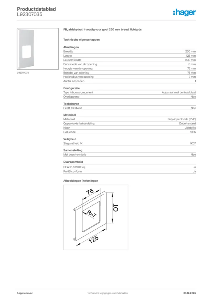 Afbeelding Hager Productdatablad L92307035 | Hager Nederland
