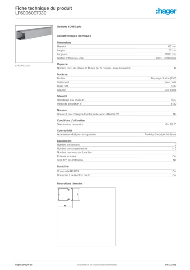 Image Hager Fiche technique du produit LF6006007030 | Hager Belgique