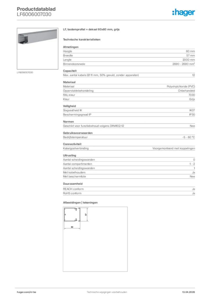 Afbeelding Hager Productdatablad LF6006007030 | Hager Belgium