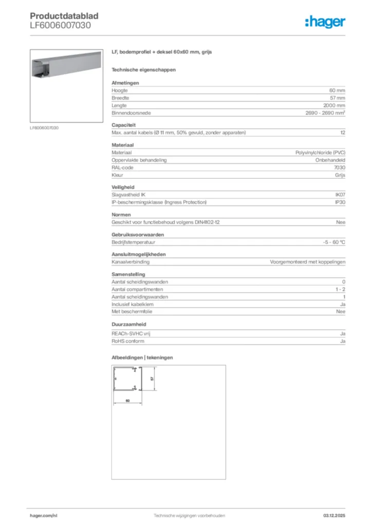 Afbeelding Hager Productdatablad LF6006007030 | Hager Nederland
