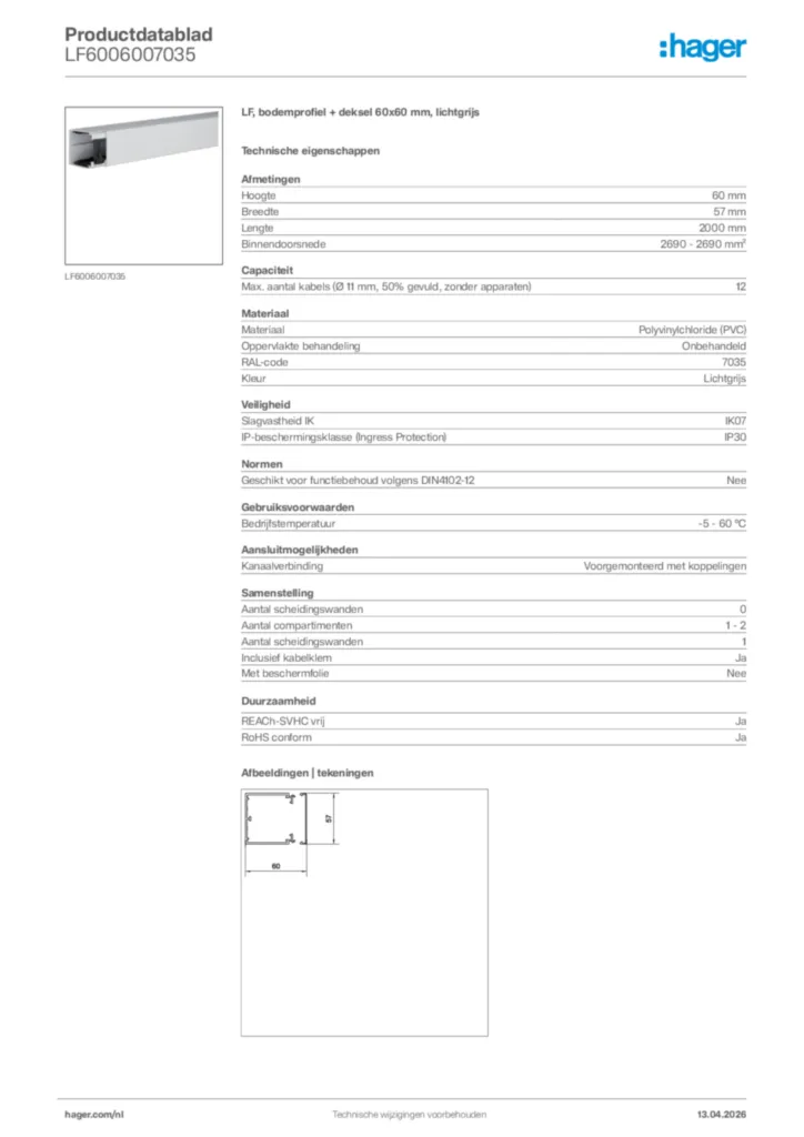 Afbeelding Hager Productdatablad LF6006007035 | Hager Nederland