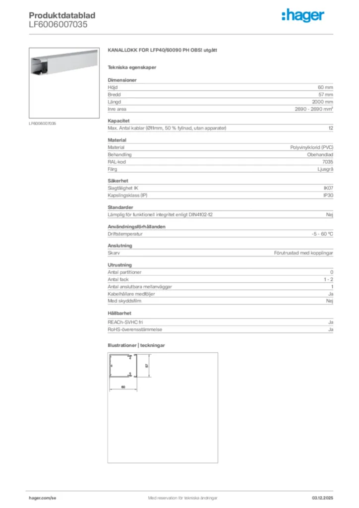Bild Hager Produktdatablad LF6006007035 | Hager Sverige