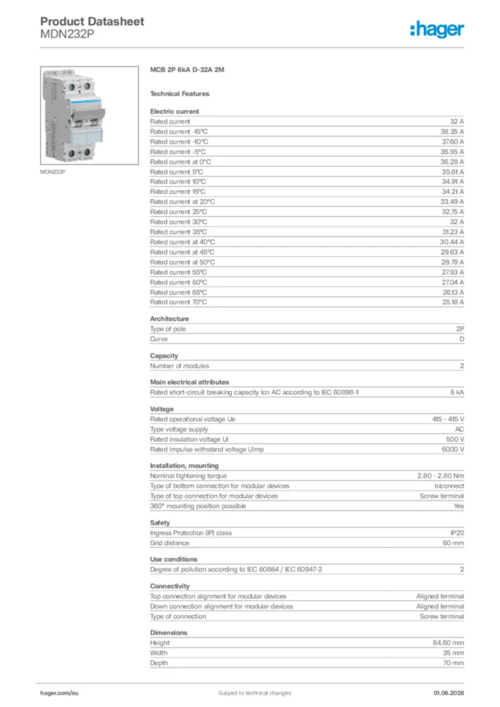 Image Hager Product data sheet MDN232P  | Hager Australia