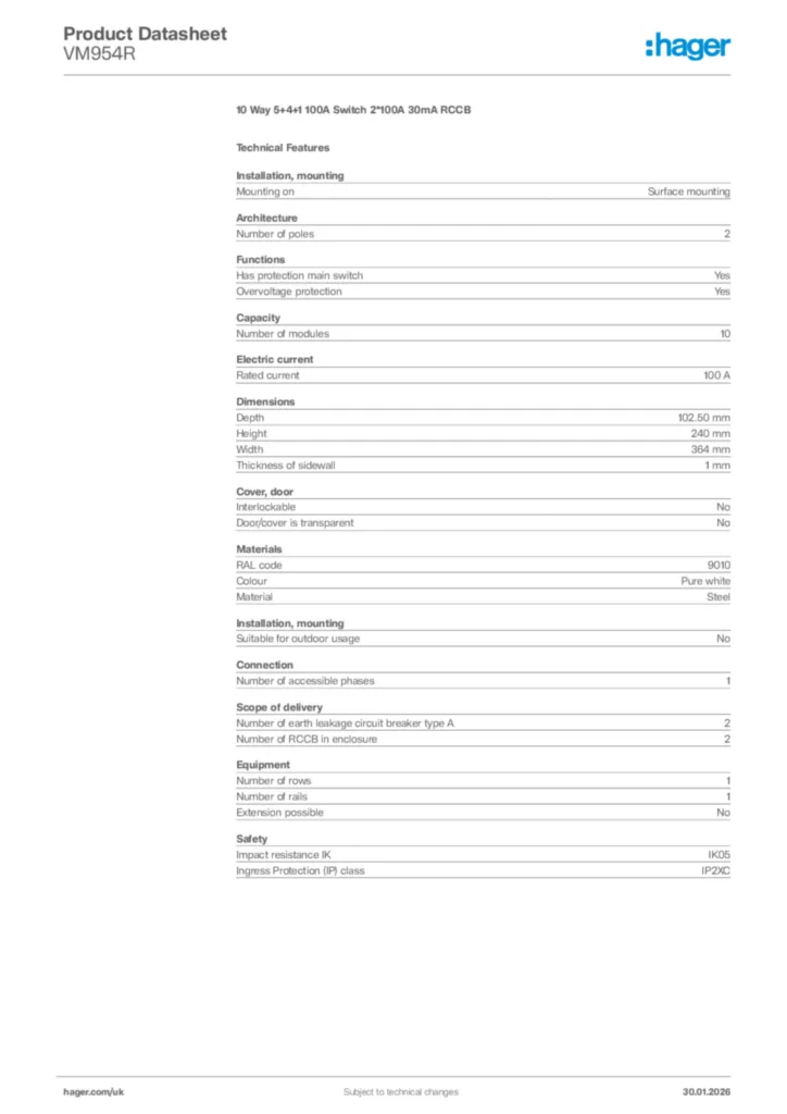 Image Hager Product data sheet VM954R  | Hager