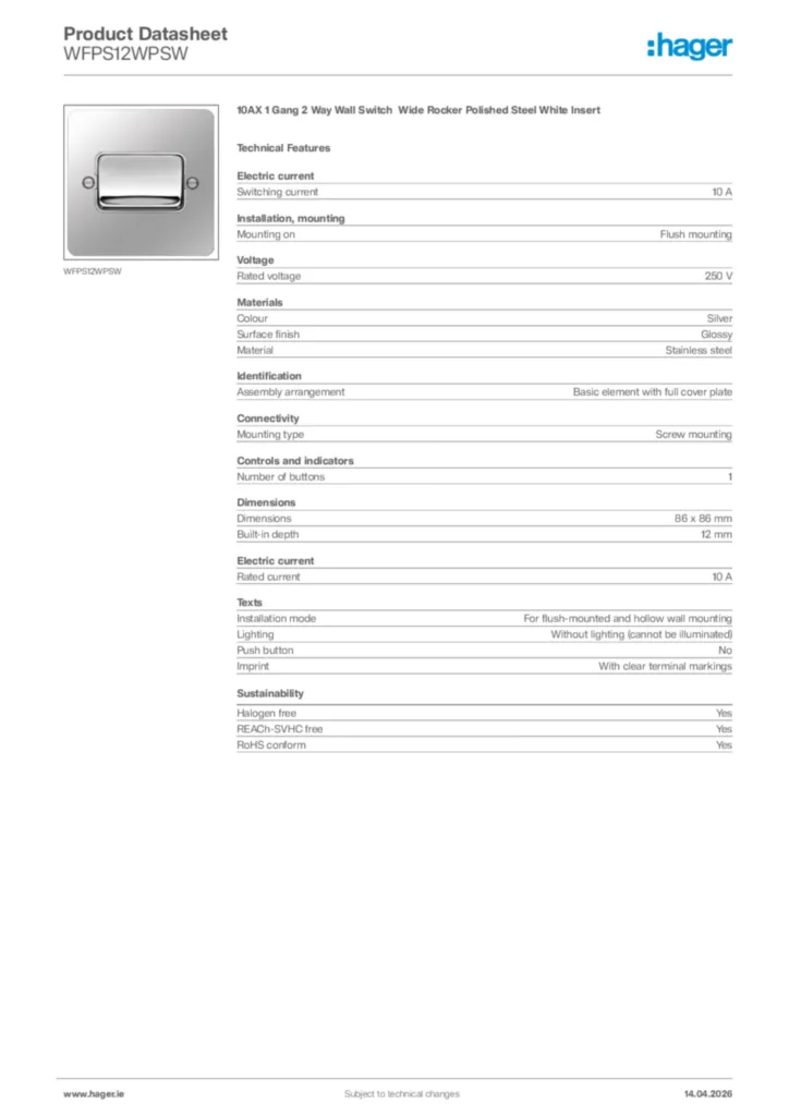 Image Hager Product data sheet WFPS12WPSW  | Hager