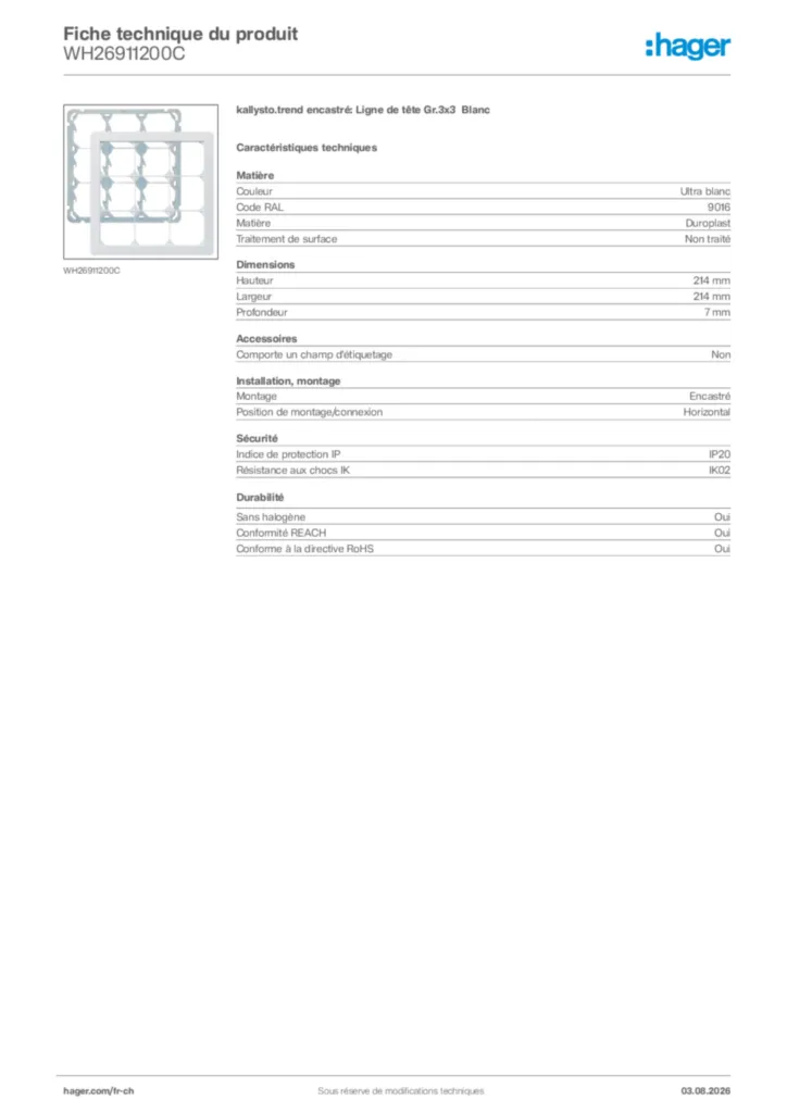 Image Hager Fiche technique du produit WH26911200C | Hager Suisse