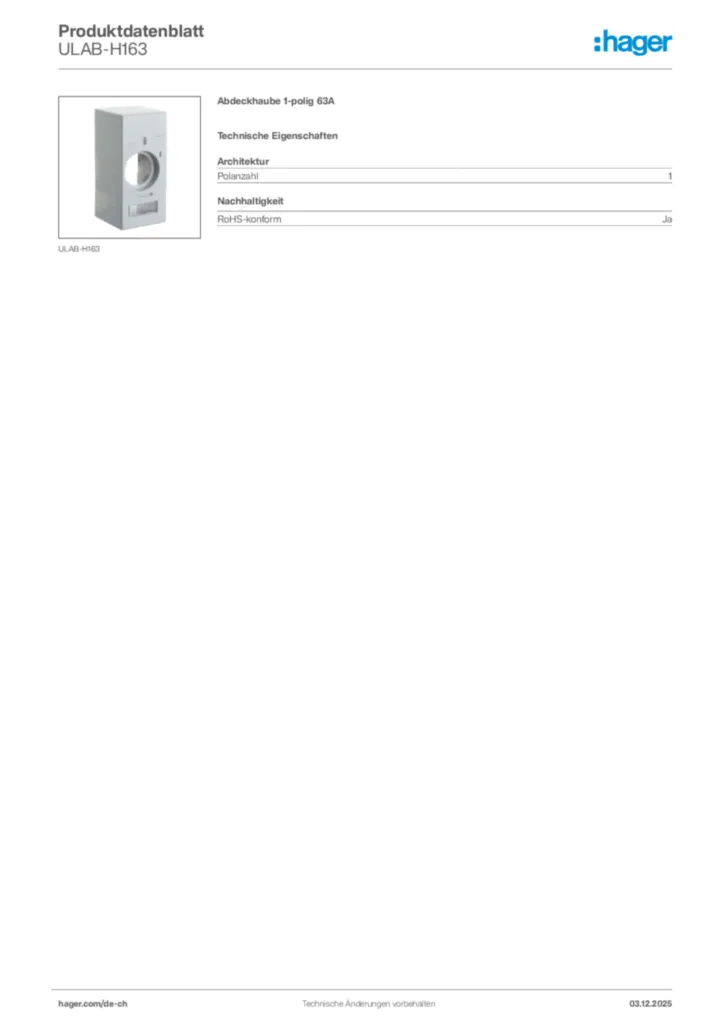 Bild Hager Produktdatenblatt ULAB-H163 | Hager Schweiz