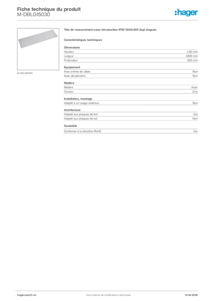 Image Hager Fiche technique du produit M-DBLG15030 | Hager Suisse