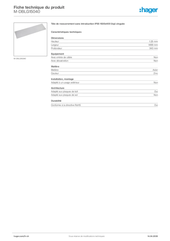 Image Hager Fiche technique du produit M-DBLG15040 | Hager Suisse
