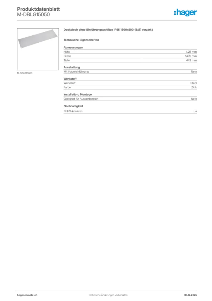 Bild Hager Produktdatenblatt M-DBLG15050 | Hager Schweiz
