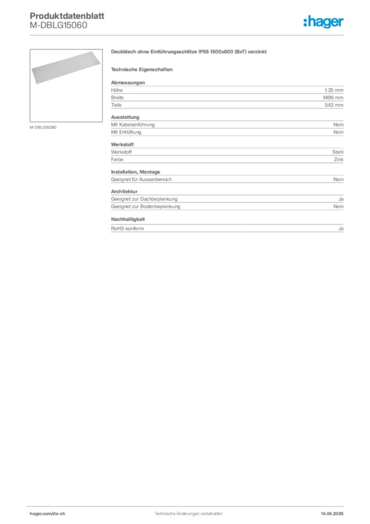 Bild Hager Produktdatenblatt M-DBLG15060 | Hager Schweiz