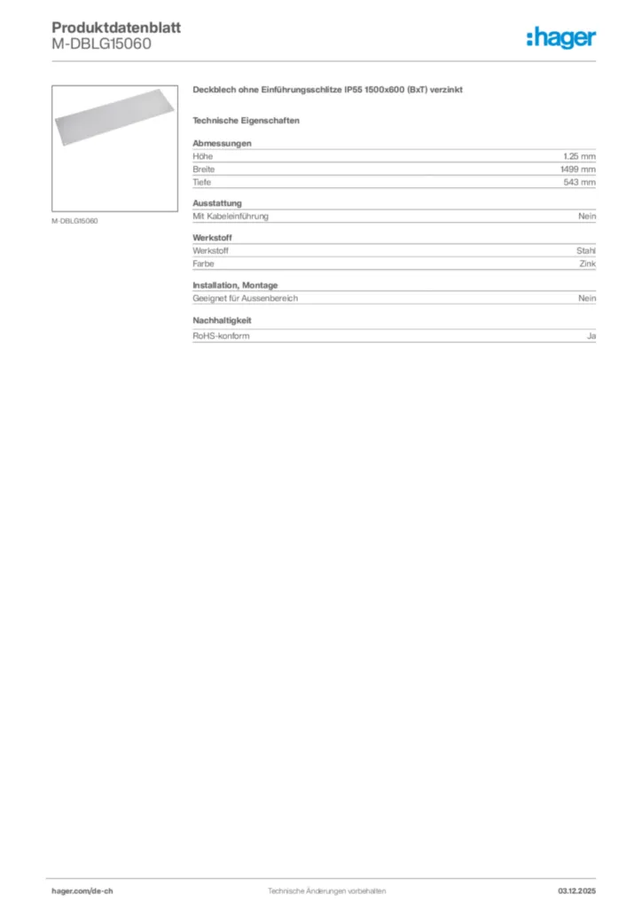 Bild Hager Produktdatenblatt M-DBLG15060 | Hager Schweiz