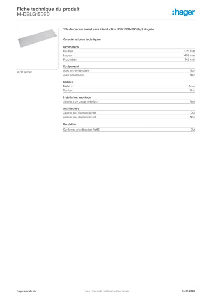 Image Hager Fiche technique du produit M-DBLG15080 | Hager Suisse