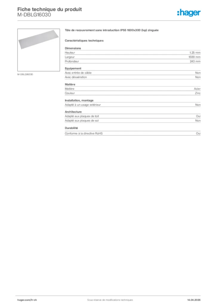 Image Hager Fiche technique du produit M-DBLG16030 | Hager Suisse