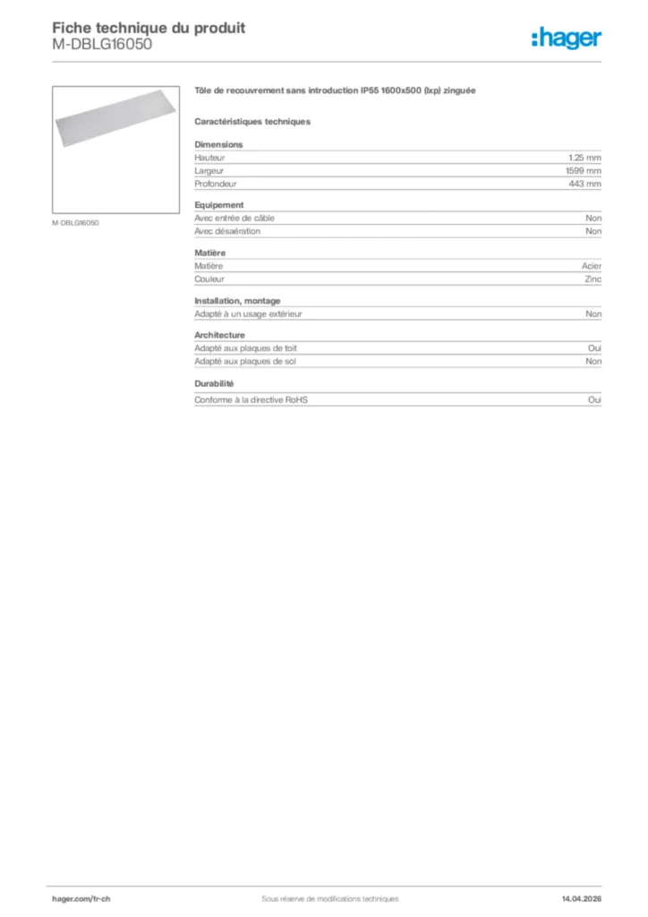 Image Hager Fiche technique du produit M-DBLG16050 | Hager Suisse