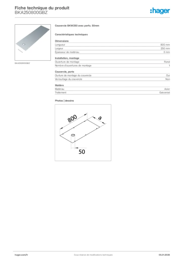 Image Hager Fiche technique du produit BKA250800GBZ | Hager France