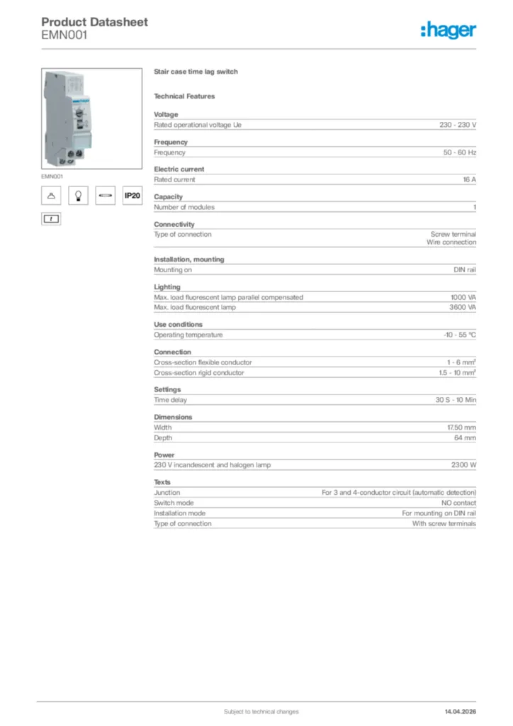 Image Hager Product data sheet EMN001  | Hager Africa