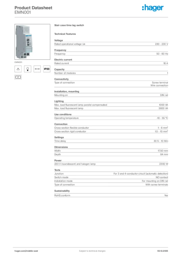 Image Hager Product data sheet EMN001  | Hager