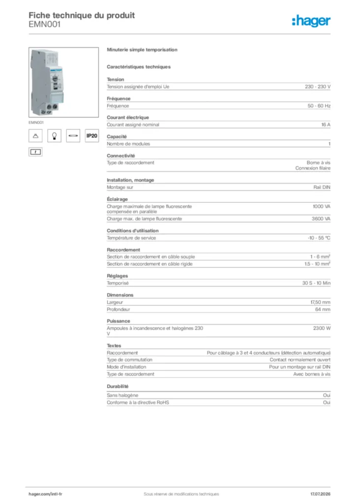 Image Hager Fiche technique du produit EMN001 | Hager Afrique