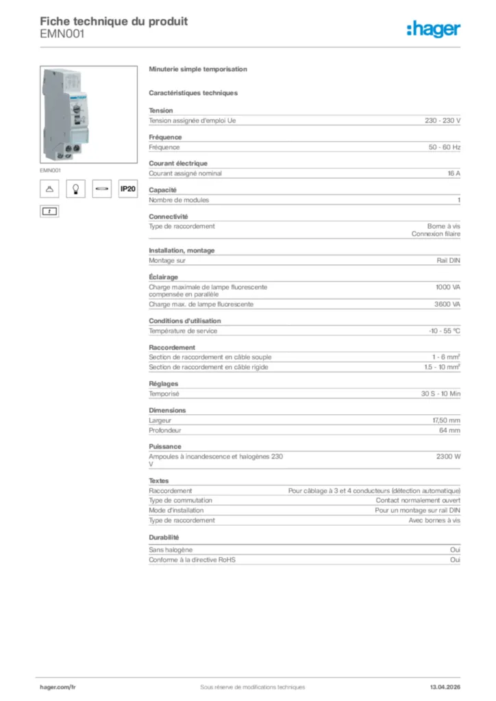 Image Hager Fiche technique du produit EMN001 | Hager France