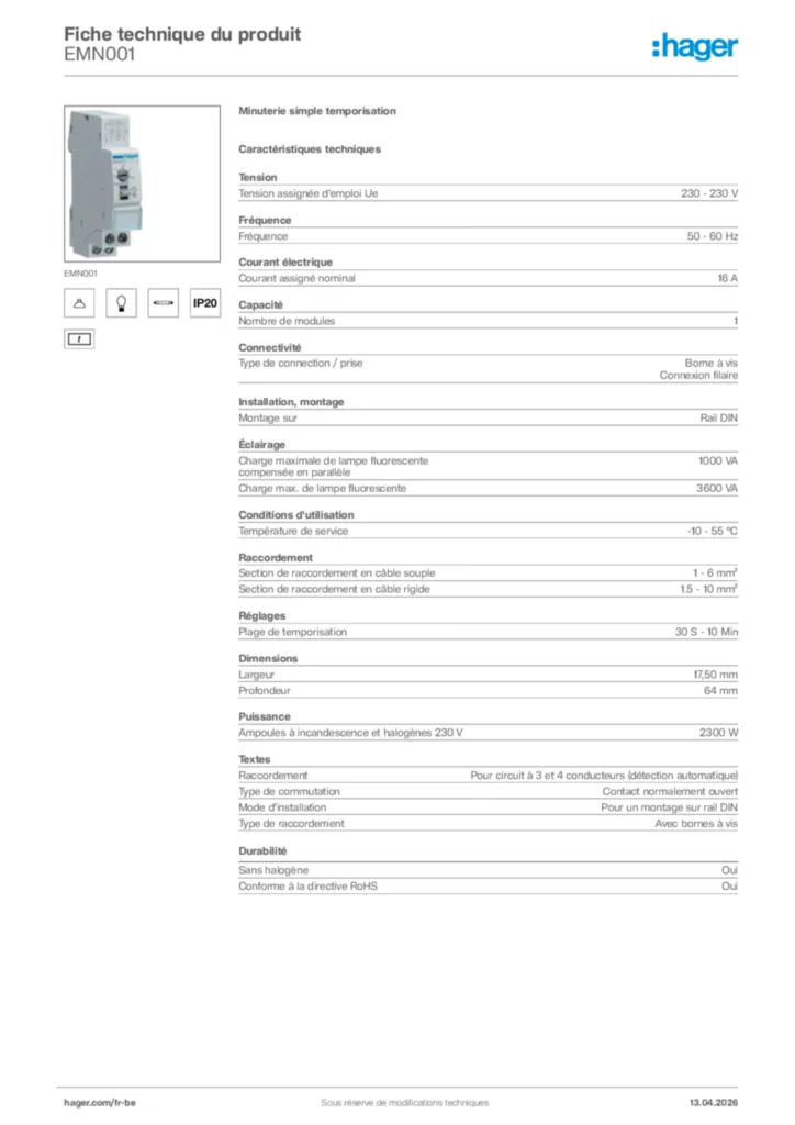 Image Hager Fiche technique du produit EMN001 | Hager Belgique