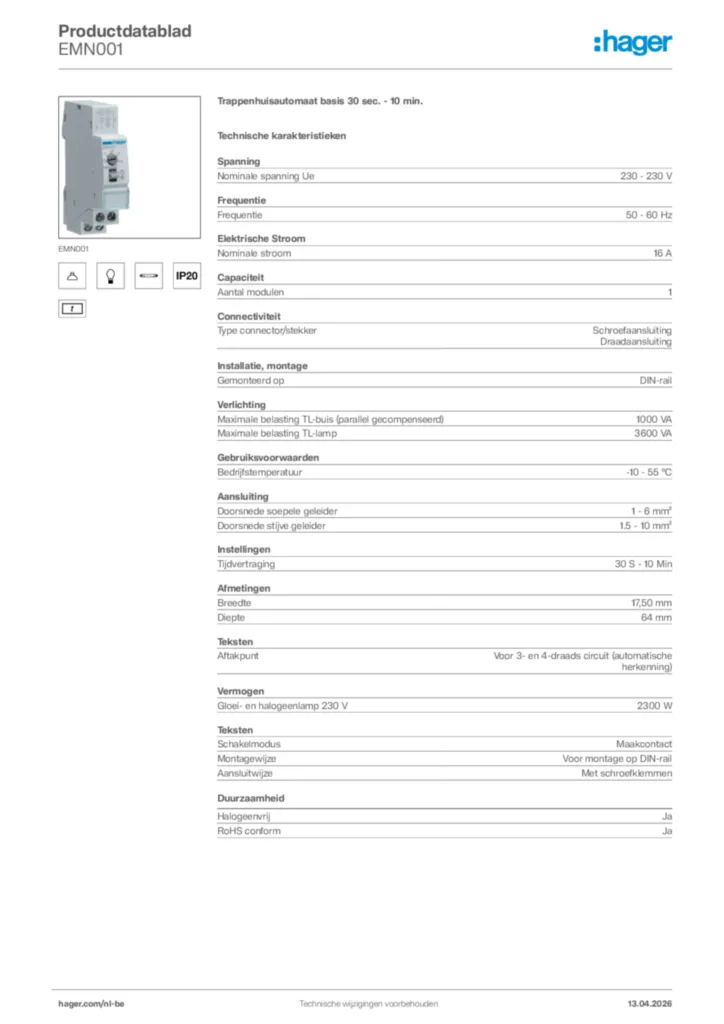 Afbeelding Hager Productdatablad EMN001 | Hager Belgium