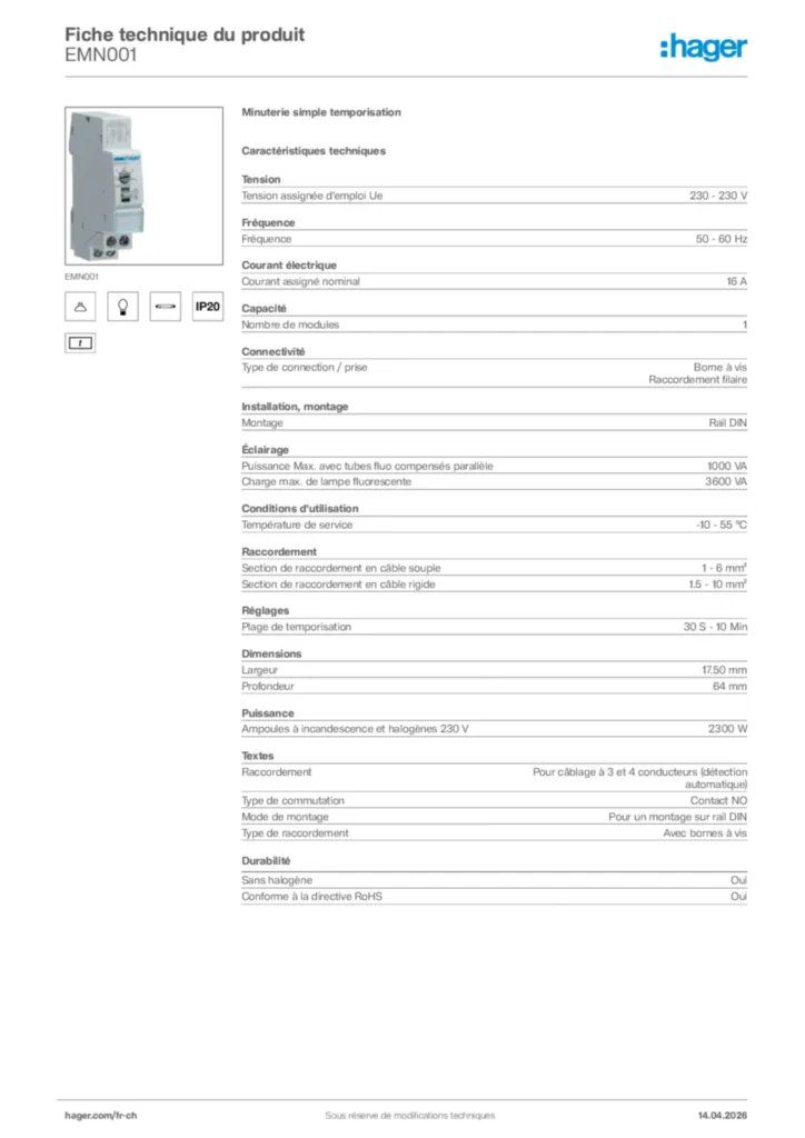 Image Hager Fiche technique du produit EMN001 | Hager Suisse