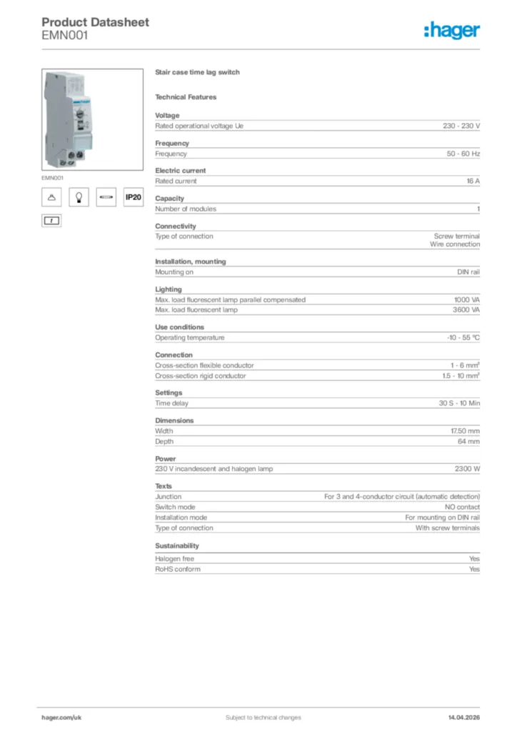 Image Hager Product data sheet EMN001  | Hager