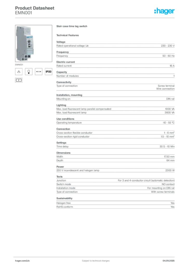 Image Hager Product data sheet EMN001  | Hager