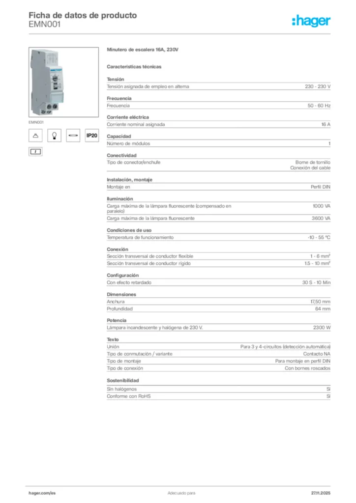 Imagen Hager Ficha de datos de producto EMN001 | Hager España