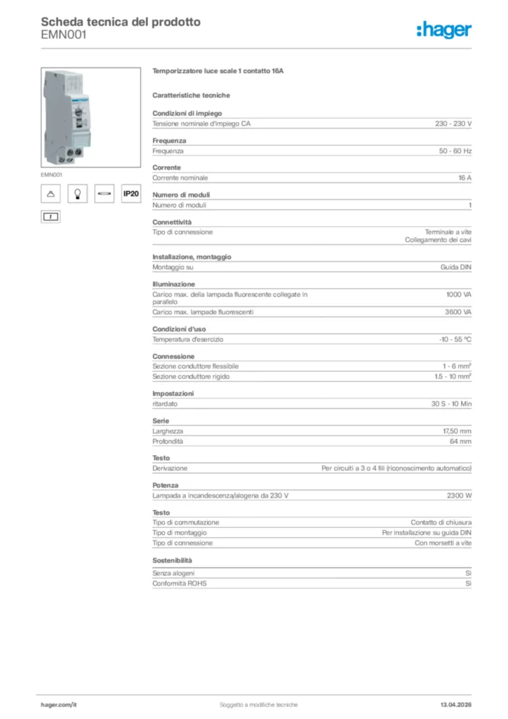 Immagine Hager Scheda tecnica del prodotto EMN001 | Hager Italia