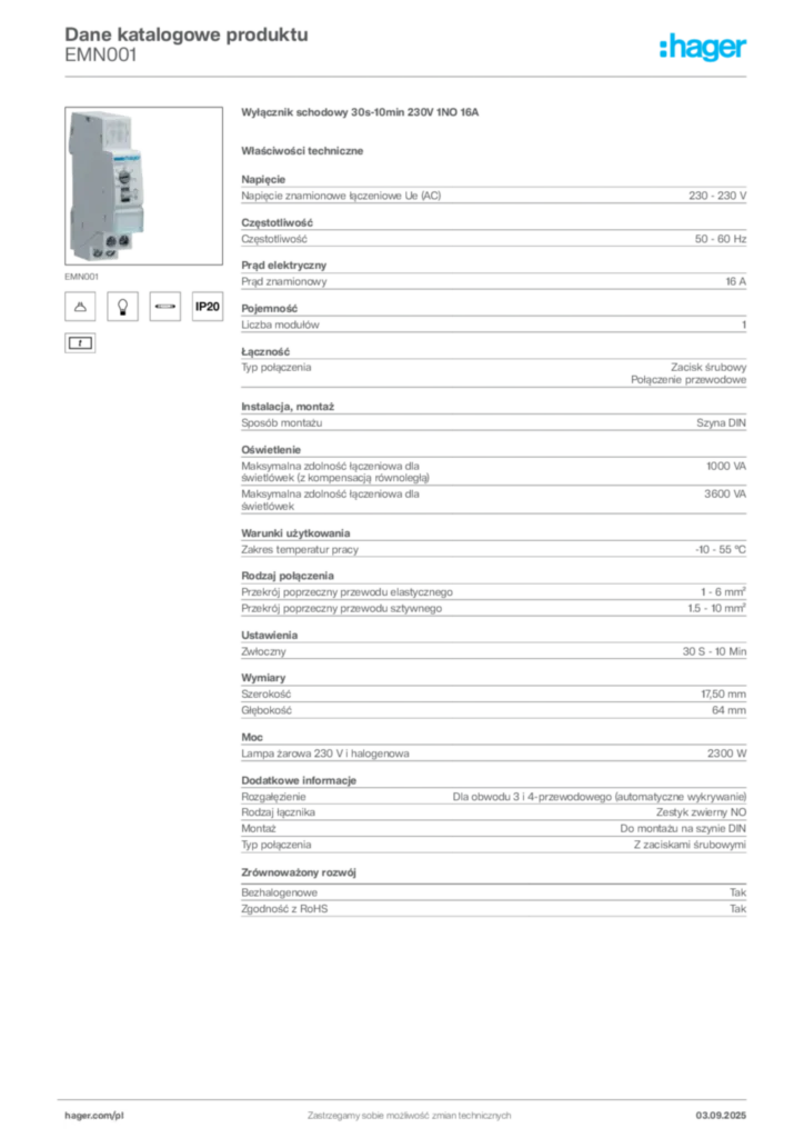 Zdjęcie Hager Dane katalogowe produktu EMN001 | Hager Polska