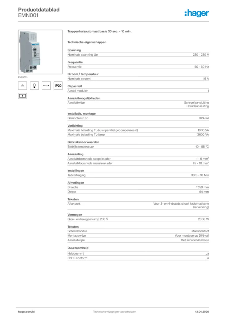Afbeelding Hager Productdatablad EMN001 | Hager Nederland