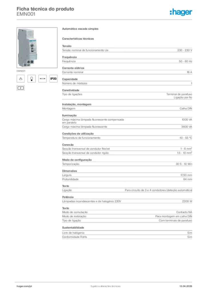 Imagem Hager Ficha técnica do produto EMN001 | Hager Portugal