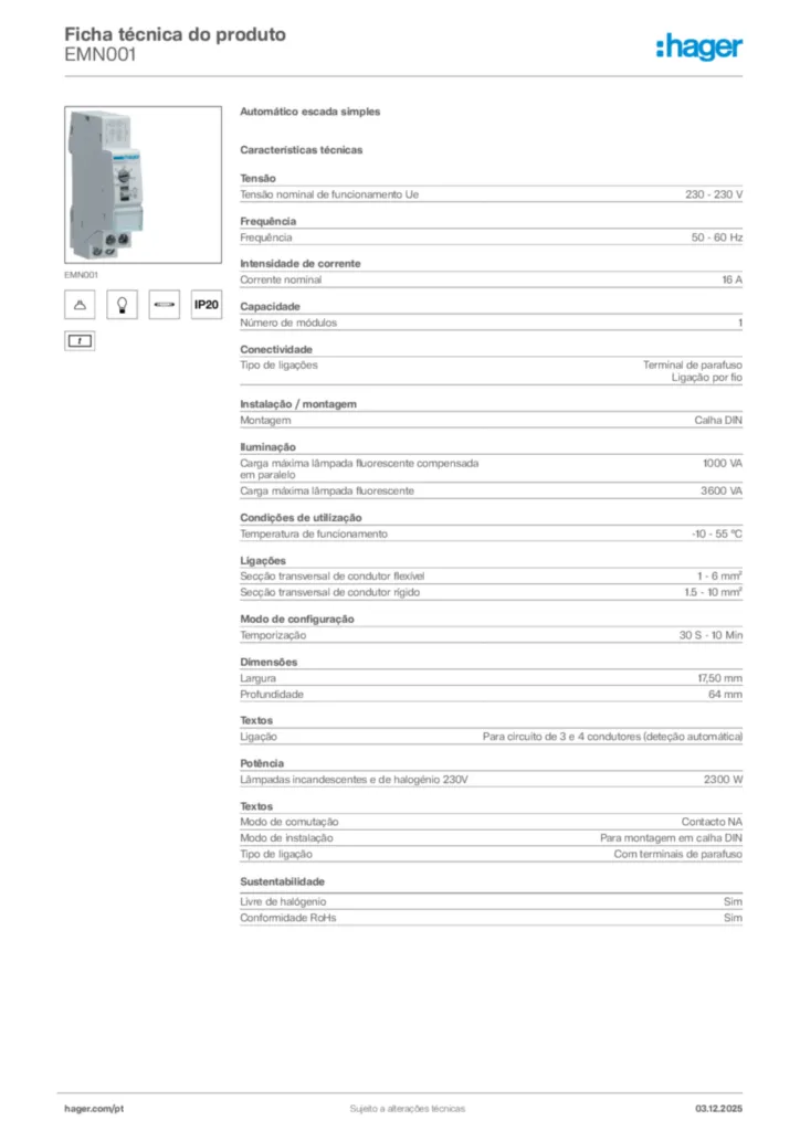 Imagem Hager Ficha técnica do produto EMN001 | Hager Portugal