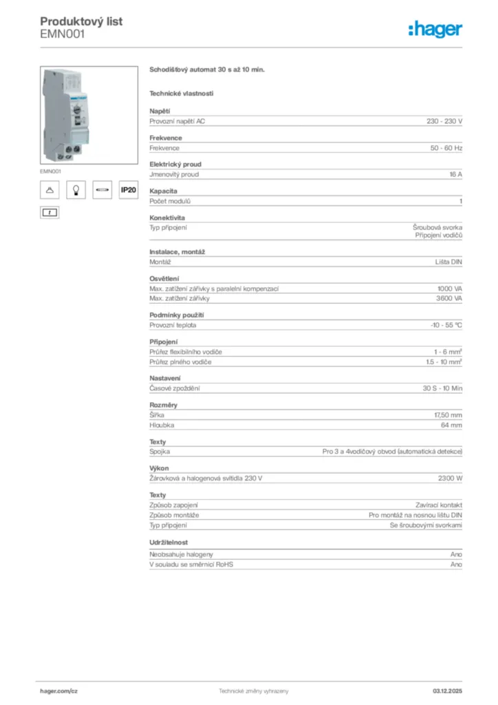 Obrázek Hager Produktový list EMN001 | Hager